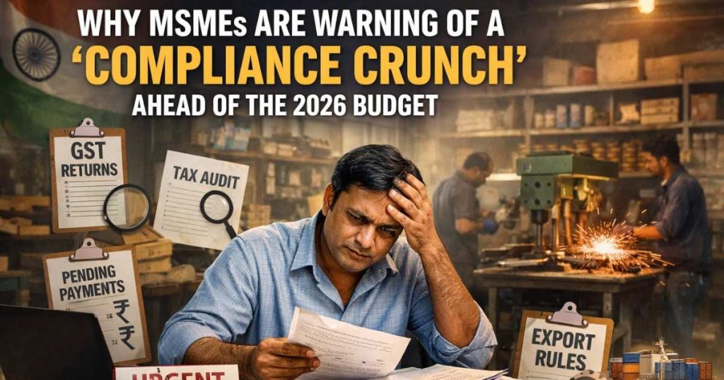An Indian MSME owner sits at a cluttered desk inside a small factory, holding compliance documents with a worried expression, while GST returns, tax audit notices and export rules are symbolically displayed around him ahead of the 2026 Budget.