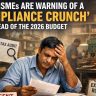 An Indian MSME owner sits at a cluttered desk inside a small factory, holding compliance documents with a worried expression, while GST returns, tax audit notices and export rules are symbolically displayed around him ahead of the 2026 Budget.