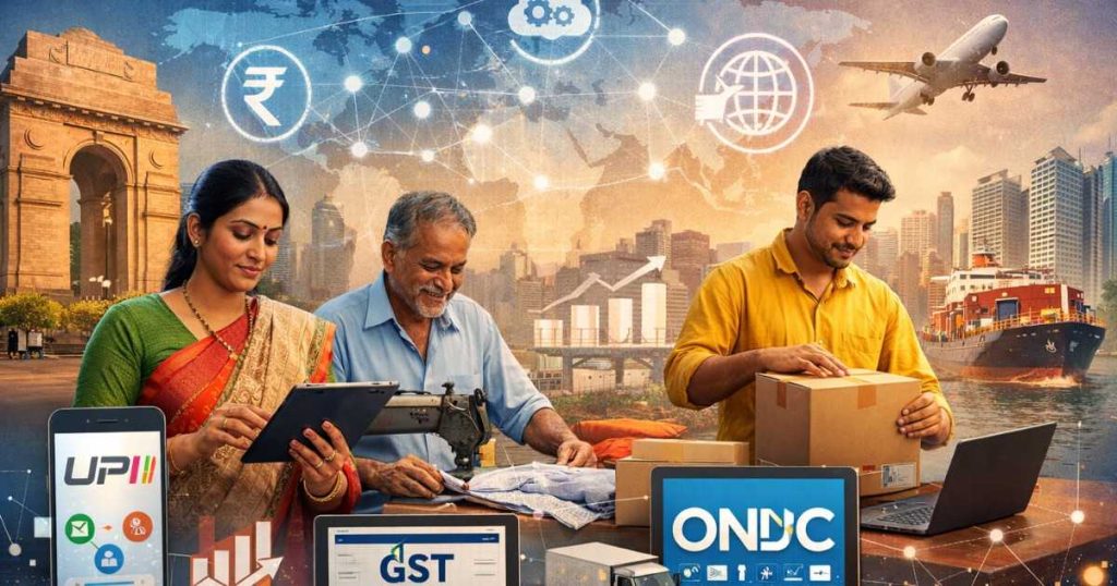 Illustration showing Indian small and medium businesses using digital tools such as mobile payments, e-commerce platforms, cloud technology, and online banking, symbolizing India’s growing digital infrastructure.