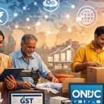 Illustration showing Indian small and medium businesses using digital tools such as mobile payments, e-commerce platforms, cloud technology, and online banking, symbolizing India’s growing digital infrastructure.