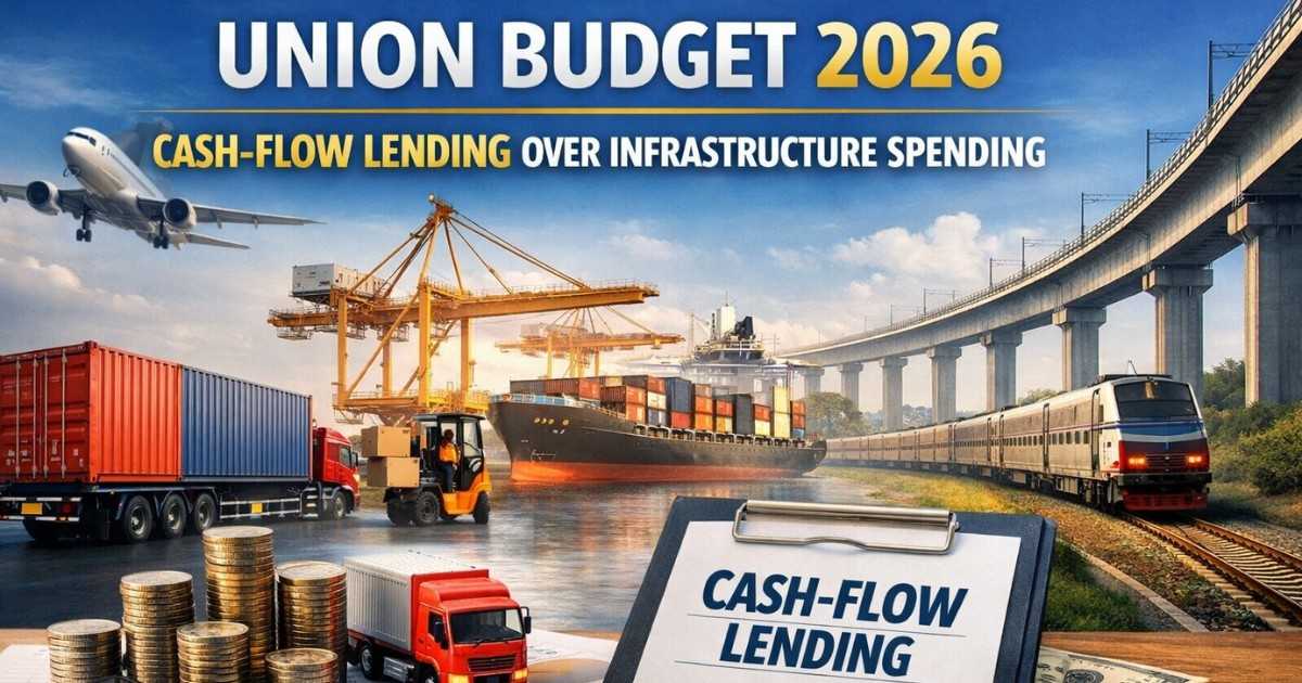 Illustration showing Union Budget 2026 with logistics trucks, cargo ships, trains and financial symbols highlighting cash-flow lending over infrastructure spending.