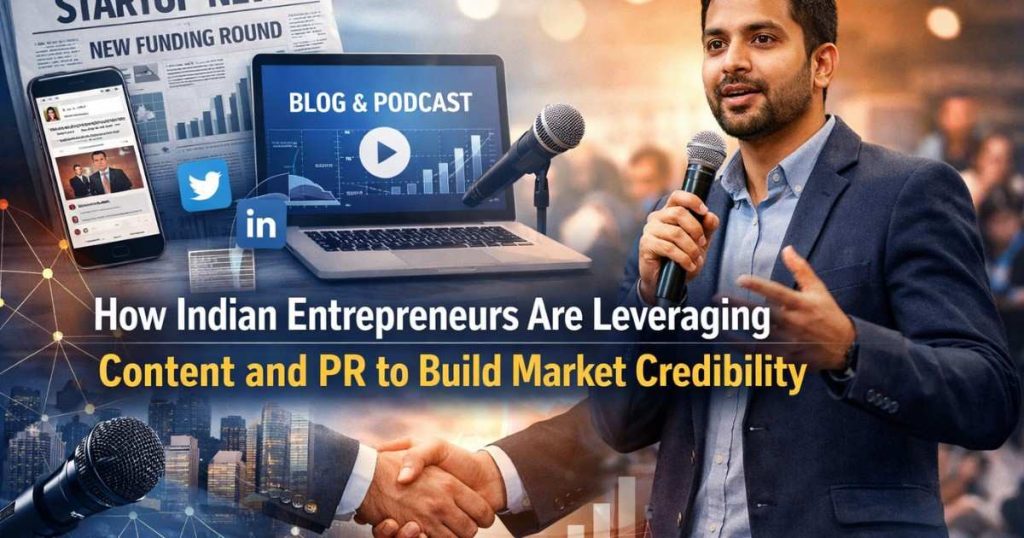 Indian entrepreneurs using digital content and media engagement to build brand credibility, shown through professionals working on laptops with charts, headlines, and communication icons in a modern newsroom-style setting.