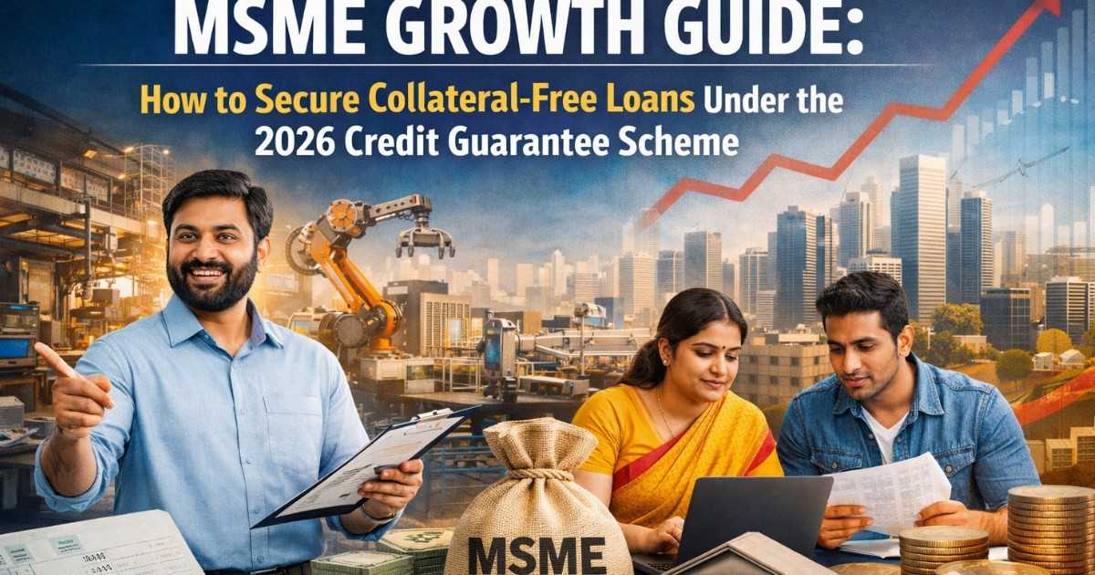 "Small business owners in an Indian MSME office reviewing digital financial tools, symbolizing collateral-free loans under the 2026 Credit Guarantee Scheme."