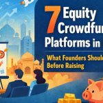 Illustration showing an Indian startup founder pitching to investors with symbols of equity crowdfunding, digital investment platforms, rupee coins, and growth charts against an Indian city skyline.