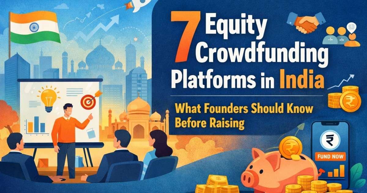 Illustration showing an Indian startup founder pitching to investors with symbols of equity crowdfunding, digital investment platforms, rupee coins, and growth charts against an Indian city skyline.