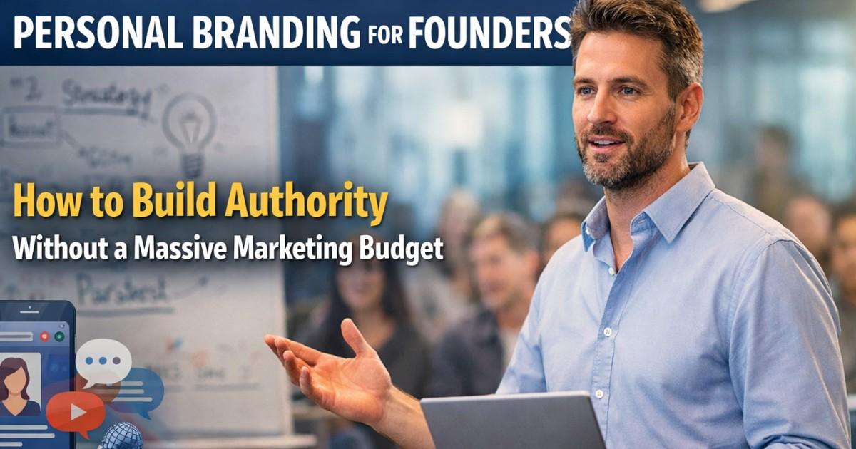 Founder presenting ideas to an audience with a laptop and whiteboard, illustrating personal branding and authority-building without a large marketing budget.