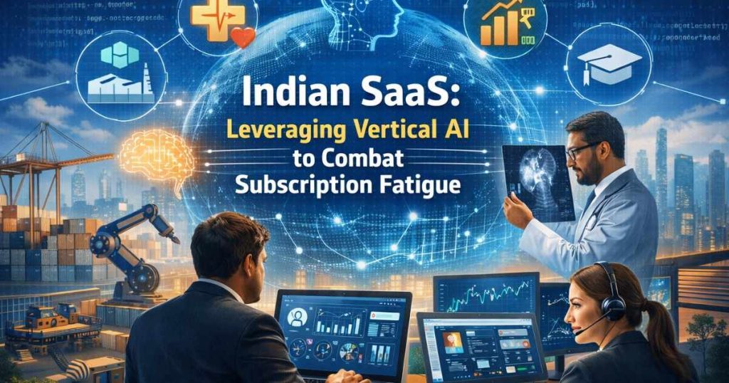 Infographic illustration of Indian SaaS companies using vertical AI tools across finance, healthcare, HR, and retail dashboards to address global subscription fatigue.