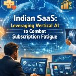 Infographic illustration of Indian SaaS companies using vertical AI tools across finance, healthcare, HR, and retail dashboards to address global subscription fatigue.