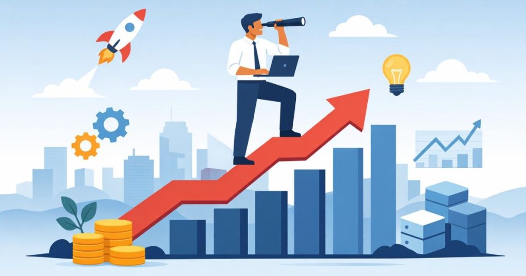 Minimal illustration of a SaaS founder climbing an upward growth path with a laptop, symbolizing efficient and sustainable business scaling.