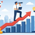 Minimal illustration of a SaaS founder climbing an upward growth path with a laptop, symbolizing efficient and sustainable business scaling.