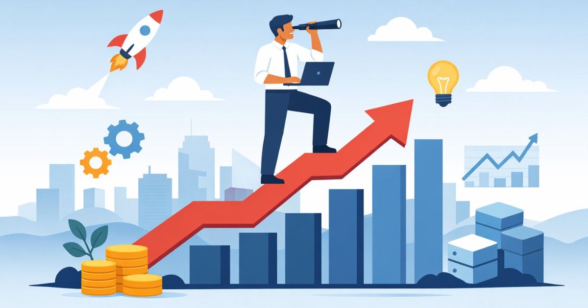 Minimal illustration of a SaaS founder climbing an upward growth path with a laptop, symbolizing efficient and sustainable business scaling.